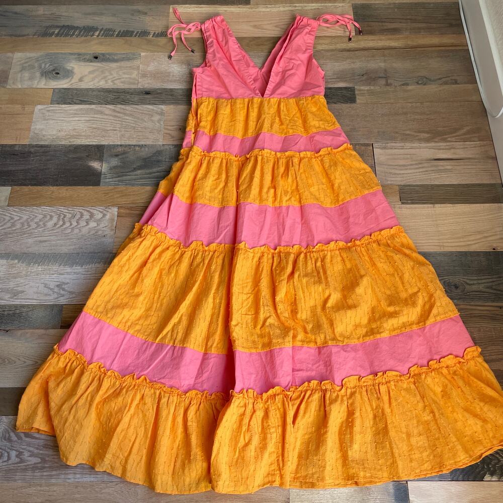 LDT Tiered Maxi Dress Womens 0 Pink Orange Cotton Sleeveless